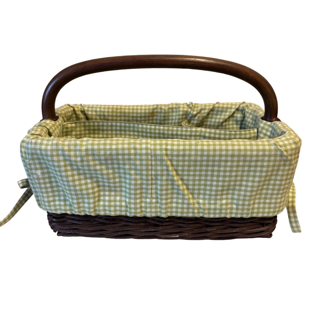 Pottery Barn Woven Wicker Caddy Basket Green Gingham Liner Wood Handle Organizer